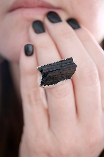 Anell de plata amb cristall de Turmalina negra.